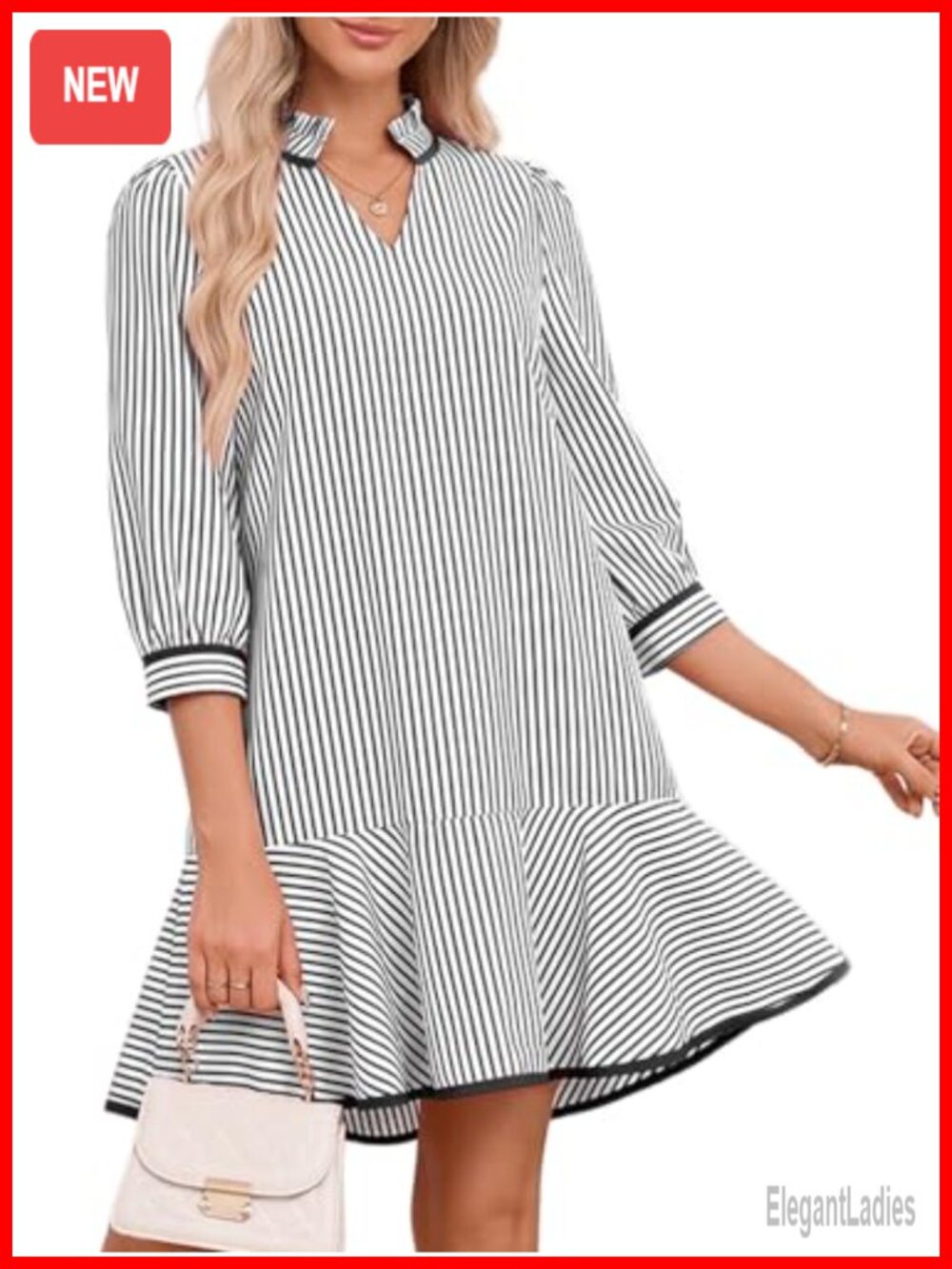 Women's 3/4 Sleeve Striped Tiered Mini Dress V-Neck Ruffle Pockets